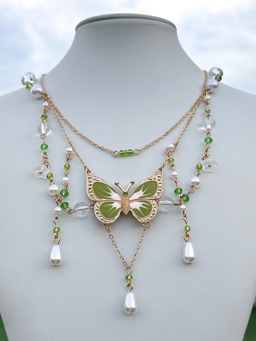 Fairycore Two Tier Butterfly Pendant Necklace Fresh Green Bead Teardrop Pearl Dr
